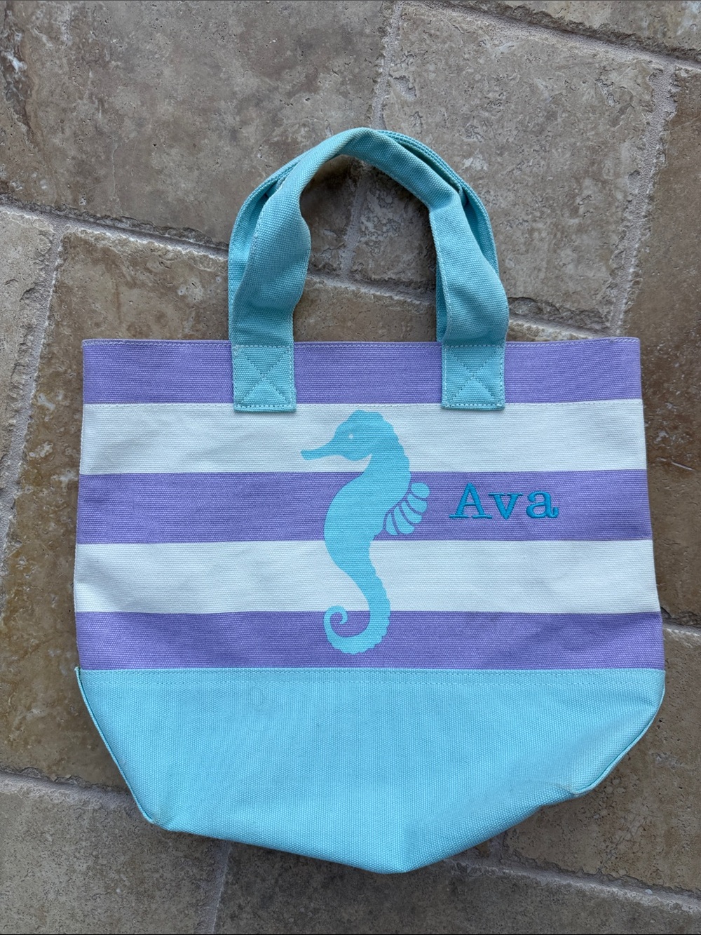 Pottery Barn Kids Aqua and Lavender Striped Tote with Seahorse